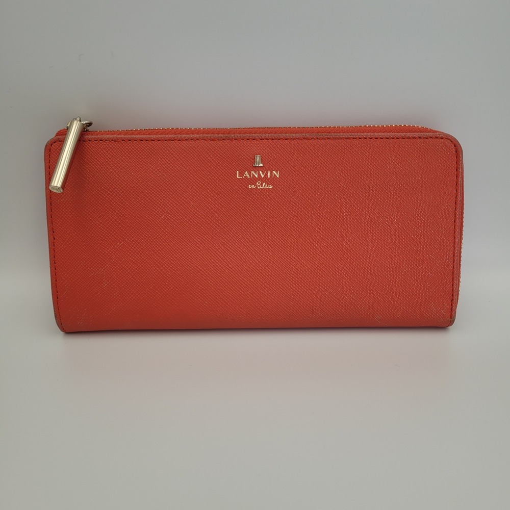 Lanvin en Bleu Coral Orange Saffiano Leather Zip Around Long Wallet
